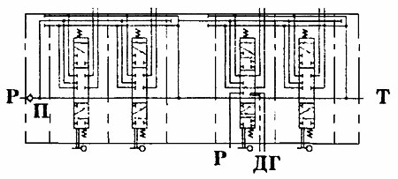 Позначення на принциповій гідравлічній схемі гідророзподільника У063.00.000-3-02
